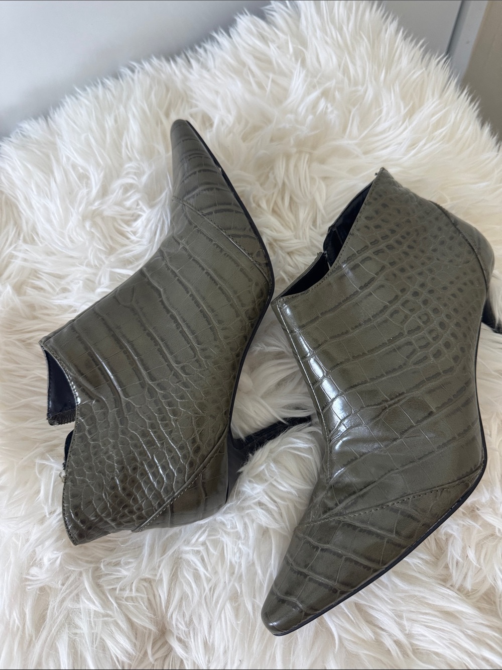 Zara Olive Green Croc-Embossed Pointed Ankle Booties